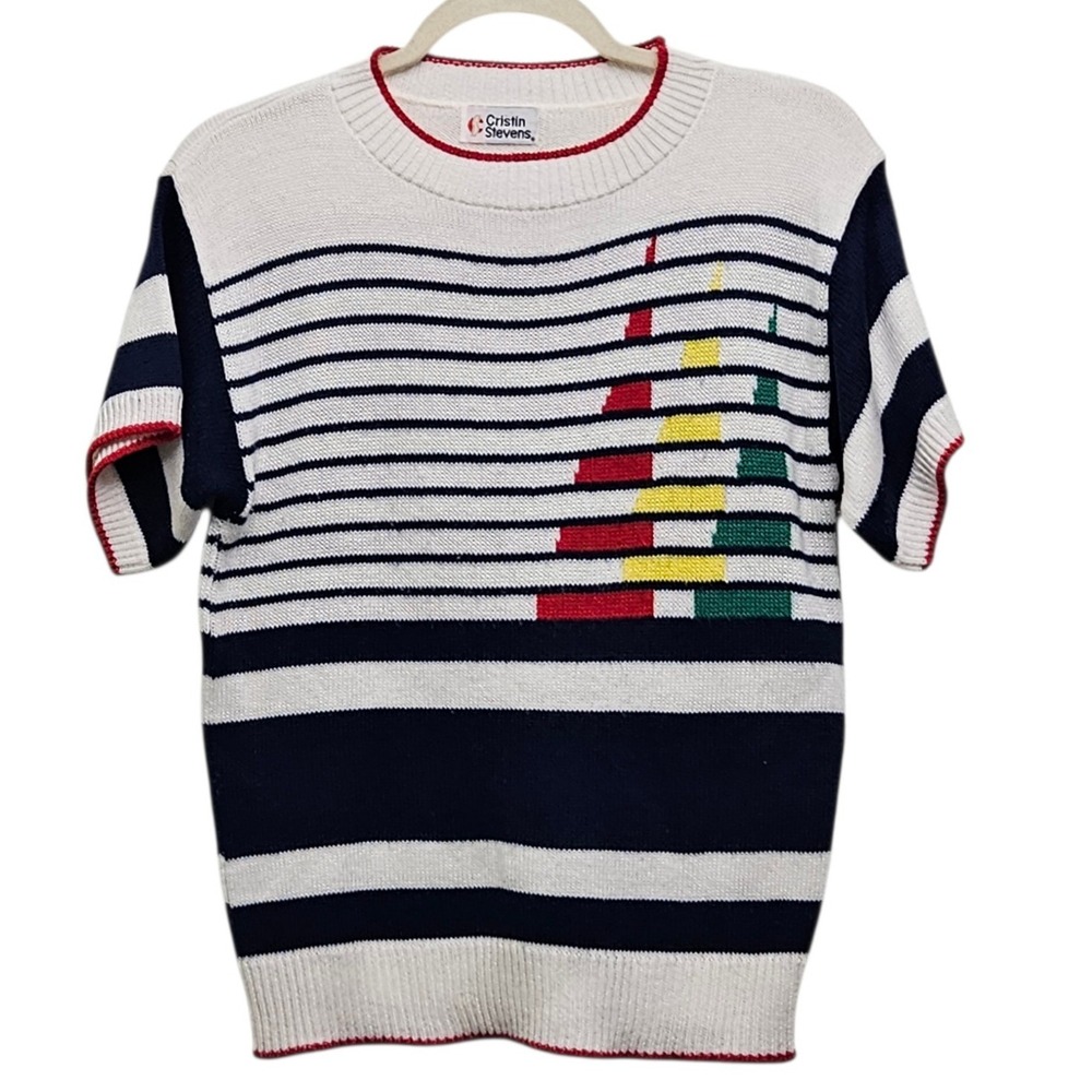 VINTAGE‎ Cristin Stevens Knit Sweater  M White Navy Striped Sailboat Nautical